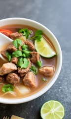 bowl of rich beef pho with fresh herbs and lime
