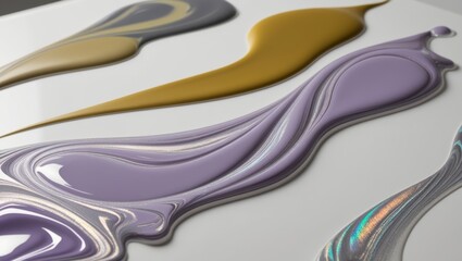 Abstract Swirls of Gold, Purple, and Gray Paint on a White Background