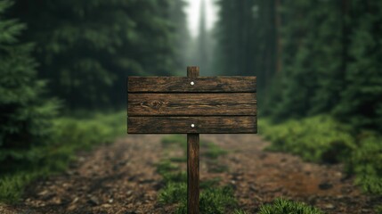 Fototapeta premium A close-up of a wooden signpost on a dirt path in a misty forest, representing direction and guidance in nature.