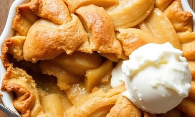 classic apple pie with a golden, flaky crust and a scoop of vanilla ice cream.