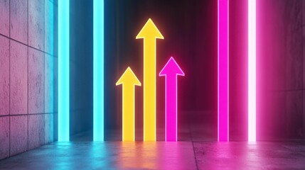 Three neon arrows in blue, yellow, and pink pointing upwards, symbolizing growth, progress, and futuristic business success.
