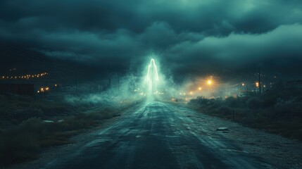 Eerie Ghostly Figure Floating Above Abandoned Highway at Midnight in Thick Fog with Flickering Streetlights - Realistic Photography on Canon EOS R6
