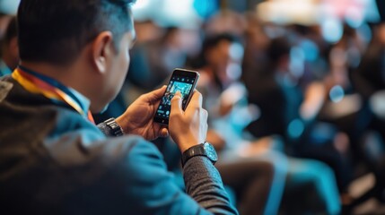 A close-up of an attendee using a smartphone to capture photos during a conference session