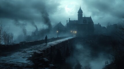 Fototapeta premium Eerie Ghost on Foggy Bridge in Gothic Town at Night