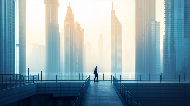 Silhouette of a man walking on a pedestrian bridge in a modern cityscape with skyscrapers, enveloped in a misty, tranquil ambiance.