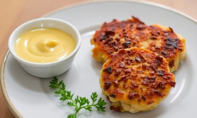 plate of crispy crab cakes with a side of remoulade sauce.