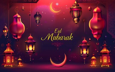 Eid mubarak background with arabic lanterns and crescent moon
