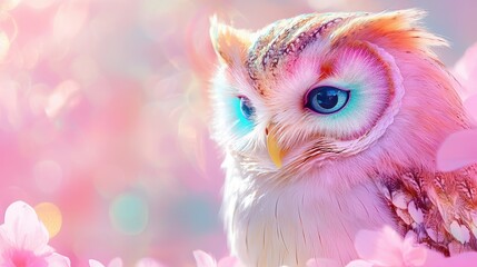 Obraz premium Pink Owl in Spring Blossoms Closeup Portrait