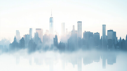Fototapeta premium A serene cityscape with skyscrapers emerging through soft fog, giving a mystical ambiance to the urban skyline.