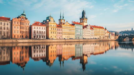 Fototapeta premium Colorful historic buildings reflect beautifully in the calm river under a clear sky, creating a picturesque and tranquil scene of an old European town.