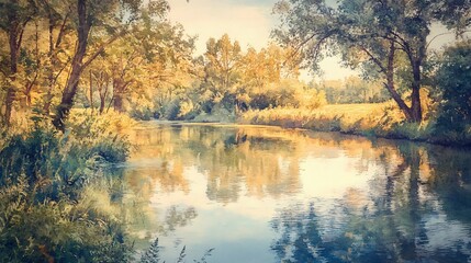 Obraz premium Watercolor painting of a tranquil river flowing through a forest.