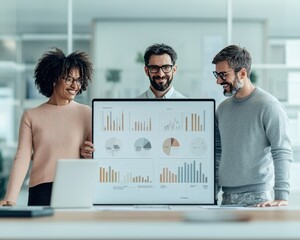 Three professionals presenting data on a large screen, showcasing statistical graphs and charts in a modern office setting.