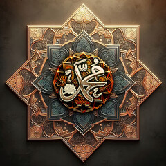 Prophet Muhammad Arabic letter icon logo with islamic ornamental background, celebration for prophet Mohammed birthday greetings