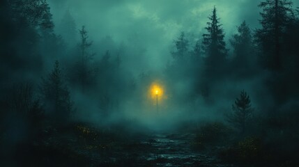 Enchanted Forest Clearing: Mysterious Lantern Glow and Ghostly Apparition