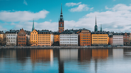 Fototapeta premium Scenic view of colorful historical buildings and church spires reflecting in the calm water under a bright blue sky with scattered clouds.