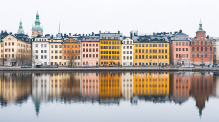 Naklejka premium Colorful buildings reflecting in a calm river under an overcast sky, showcasing beautiful European architecture.