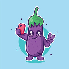 cutie eggplant vegetable character mascot taking a selfie with a smartphone isolated cartoon