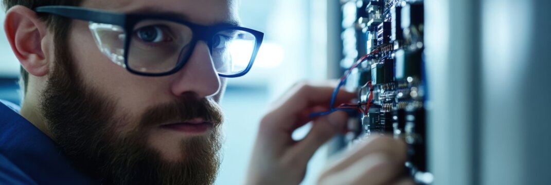 An IT professional is carefully managing cables in a server room, ensuring proper connections and functionality for effective data processing in a technical environment.