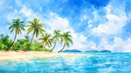Fototapeta premium Watercolor painting of a tropical beach with palm trees and turquoise water.