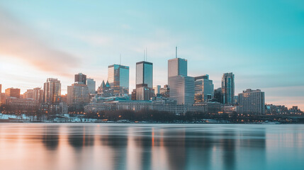 Naklejka premium An urban cityscape featuring modern high-rise buildings reflecting in a calm body of water during a serene sunset with a clear sky.