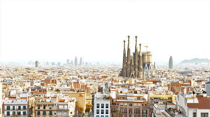 A panoramic view of a cityscape with a famous basilica prominently in the center, surrounded by modern and historic buildings, under a clear sky.