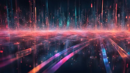 Abstract digital background with glowing lines and particles.