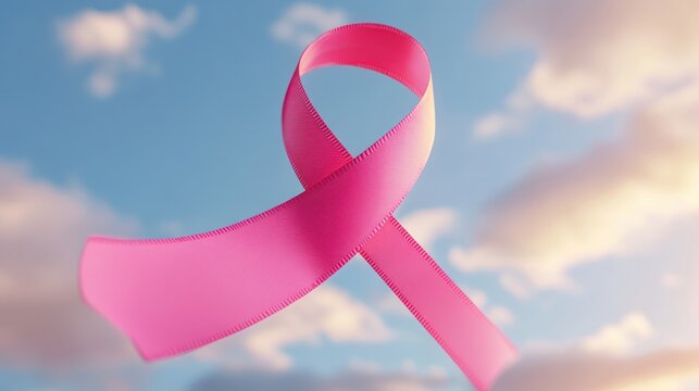 Pink Ribbon Against Blue Sky with Clouds - Powered by Adobe