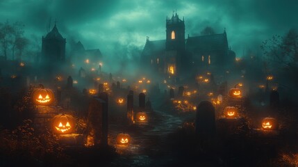 Fototapeta premium Eerie Halloween Scene: Spectral Figure in Foggy Graveyard with Jack-o-lanterns and Tombstone
