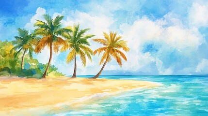 Watercolor painting of a tropical beach with palm trees.