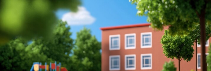 A blurred image of a red-brick school building is surrounded by green-leaved trees under a blue sky, with a playground partly visible in the background.