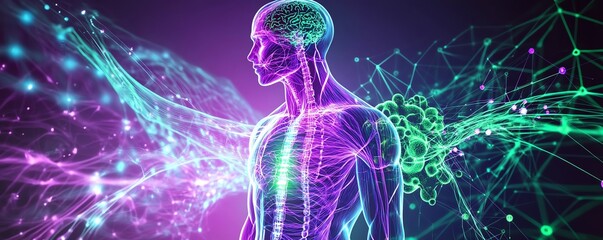 A vivid depiction of the human body with abstract glowing elements representing connectivity and vitality in a surreal style.