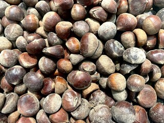 Top view of a group of raw chestnuts sale at the groceries market in Malaysia.