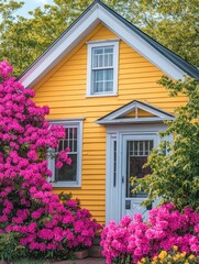 Yellow House with Pink Flowers in Bloom