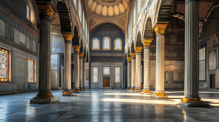 Obraz premium A grand and ornate historical building with majestic columns, intricate decor, and stained glass windows, bathed in soft golden sunlight.