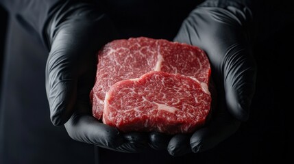 Raw Beef Steaks Held in Gloved Hands