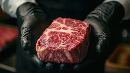 Close-Up of Raw Steak Held by Gloved Hands