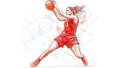 Female Basketball Player Leaping with Ball Towards Hoop on Court