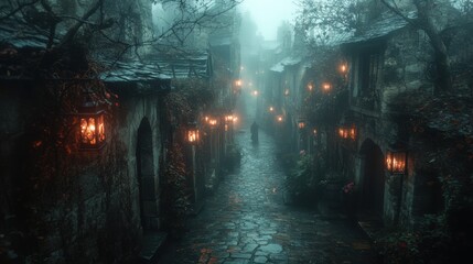 Eerie Atmosphere: Ghostly Figure in Foggy Alley with Lanterns