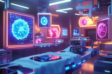 Futuristic medical lab featuring advanced technology and glowing displays, ideal for science and healthcare themes.