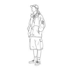 a line art illustration of a man with jacket and a cap