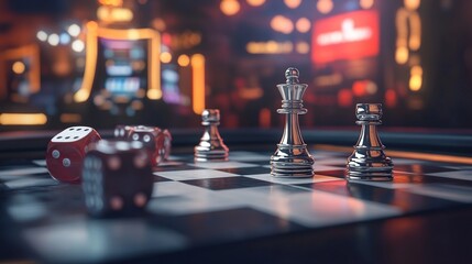animated graphic of a chessboard with casino elements, representing strategic thinking in gambling
