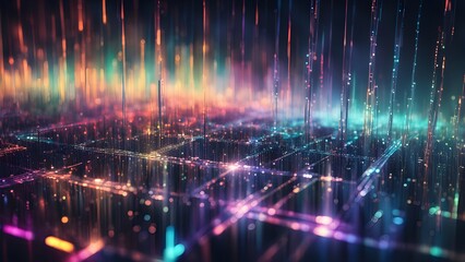 Fototapeta premium Abstract background of glowing lines and dots resembling a futuristic cityscape.