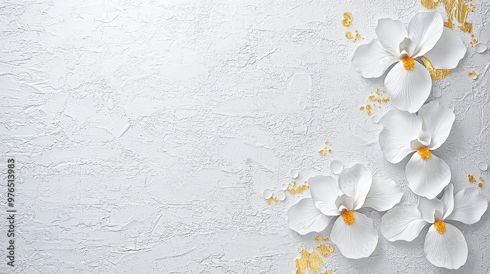 Wall mural White Flowers on Cracked White Background with Gold Accents