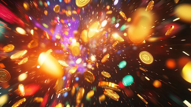 Animated depiction of a jackpot win, lights flashing, coins and confetti everywhere, euphoric expressions