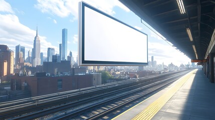 Fototapeta premium Blank Billboard on Subway Platform with City Skyline