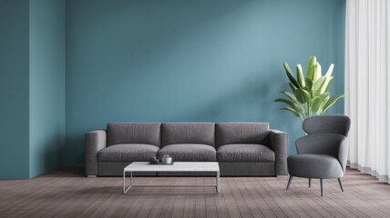 A 3D render of a mock-up of a sleek, modern living room with a grey sofa, a white coffee table, and a green plant. The walls are painted in a light blue colour. There is a grey chair in the corner.