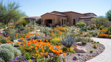 Obraz premium Beautiful Desert Landscape with Flowers and House