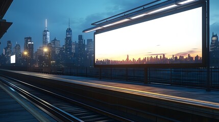Fototapeta premium Blank Billboard on Train Platform with City Skyline at Dusk