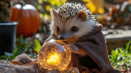 Obraz premium A hedgehog is holding a glowing ball in its mouth