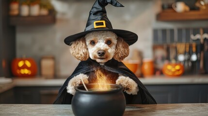 A dog in a witch costume is standing in front of a cauldron